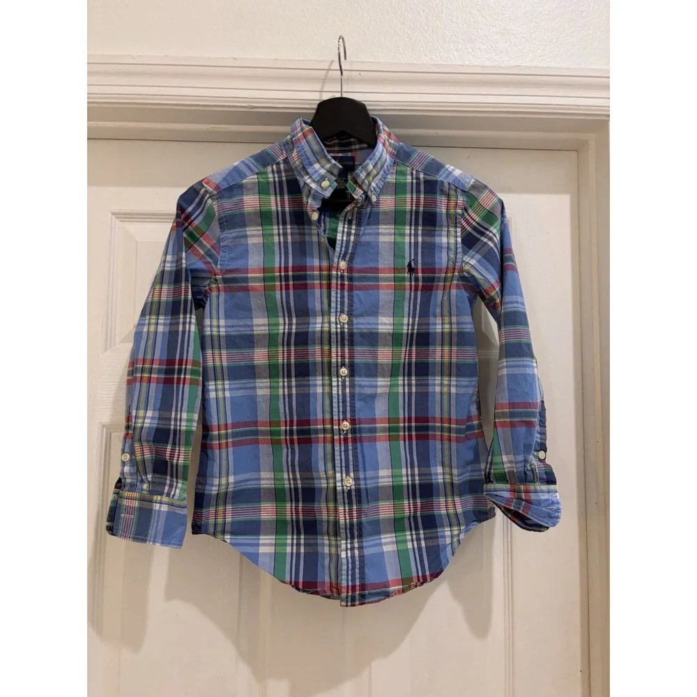 Ralph Lauren Boys Plaid Button-Down Shirt Blue Green Long Sleeve M (10-12) Logo